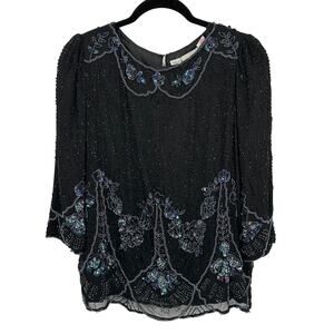 Vintage Oleg Cassini Silk Beaded Sequin Top Skirt‎ Set Black 10 Gatsby Flapper
